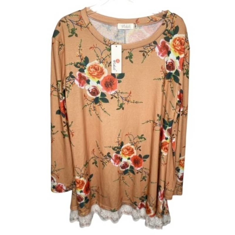 Wekili Lace Trim Long Sleeve‎ Floral Tunic Size XL NWTs